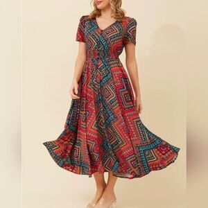 Vibrant Red and Blue Patterned Midi Dress